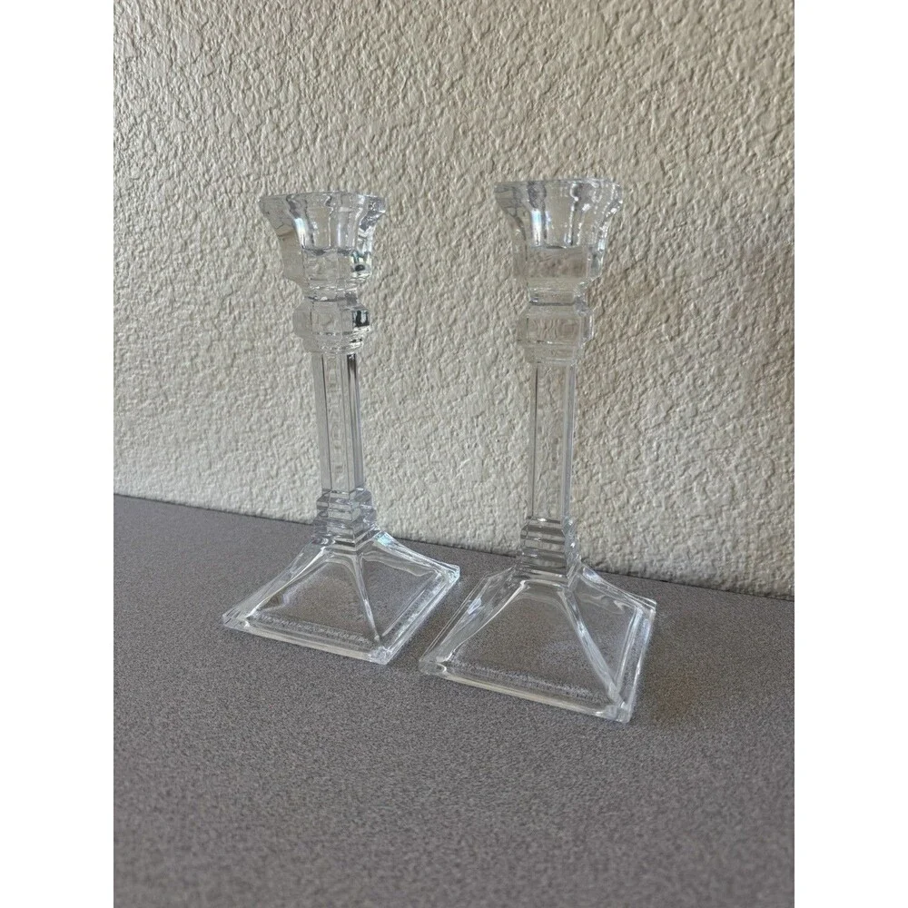 Pair Clear Glass Candlestick Holders 8” Tall Square Base Geometric Design
